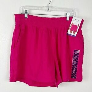 Three Dots Women's XXL Double Gauze Short Pink Smocked Waist Pockets Cotton NWT